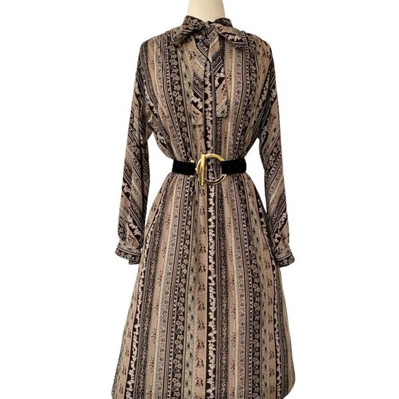 Vintage 50s / 60s Henry Lee Pussybow Blouson Brown Printed Dress - Picture 1 of 16